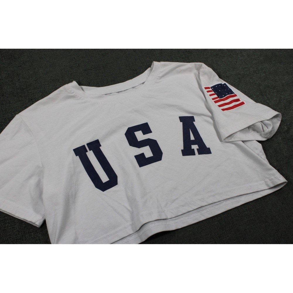 USA Graphic Crop Top White Short Sleeve American Flag Sleeve Patch Tee
